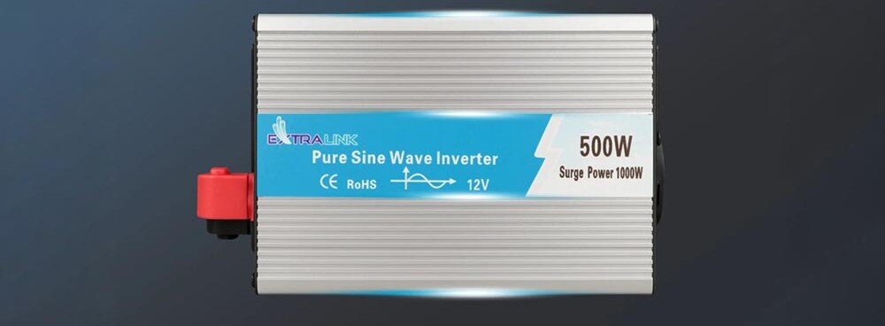 Przetwornica EXTRALINK OPIP-500W 12V/230V EX.18075 kompatybilność laptop smartfon tablet kamera LED, przetwornica od góry na ciemnym tle