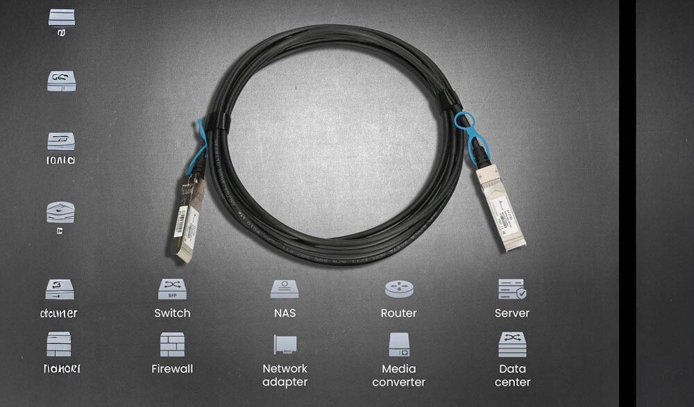 Kabel SFP EXTRALINK EX.17382 Kabel DAC z dwoma złączami SFP28 ułożony w pętlę na czarnym tle z ikonami przedstawiającymi urządzenia sieciowe takie jak przełącznik, router, serwer, firewall i centrum danych