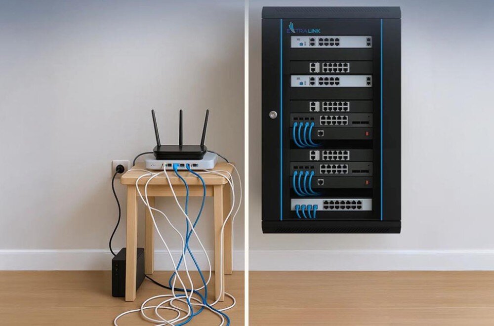 Szafa RACK EXTRALINK 19 18U EX.16880 Po lewej stronie widoczny mały stolik z routerem i plątaniną kabli, po prawej zamontowana na ścianie czarna szafa sieciowa z uporządkowanymi przewodami i urządzeniami sieciowymi, opis