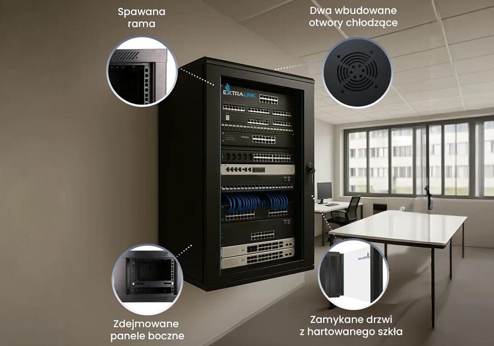 Szafa RACK EXTRALINK 19 18U EX.16880 Czarna szafa wisząca z urządzeniami sieciowymi, wokół zaznaczone elementy konstrukcji takie jak spawana rama, zdejmowane panele boczne, otwory chłodzące w górnej części i zamykane drzwi z hartowanego szkła, cechy, zastosowanie