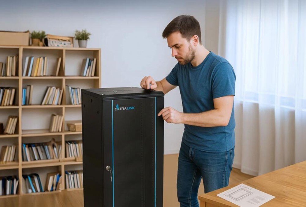 Szafa RACK EXTRALINK 19 18U EX.16880 Mężczyzna w niebieskiej koszulce montuje czarną szafę sieciową w jasnym pokoju z regałem pełnym książek w tle, na biurku leży instrukcja montażu, montaż, obsługa, zamki