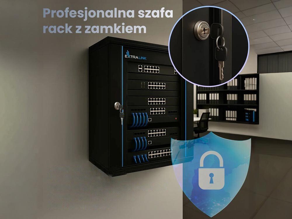Szafa RACK EXTRALINK 19 18U EX.16880 Czarna szafa sieciowa zamontowana na ścianie w biurze, w zbliżeniu widoczny zamek z kluczami, na dole graficzny symbol kłódki i napis 'Profesjonalna szafa rack z zamkiem', miejsca na wentylatory, otwory