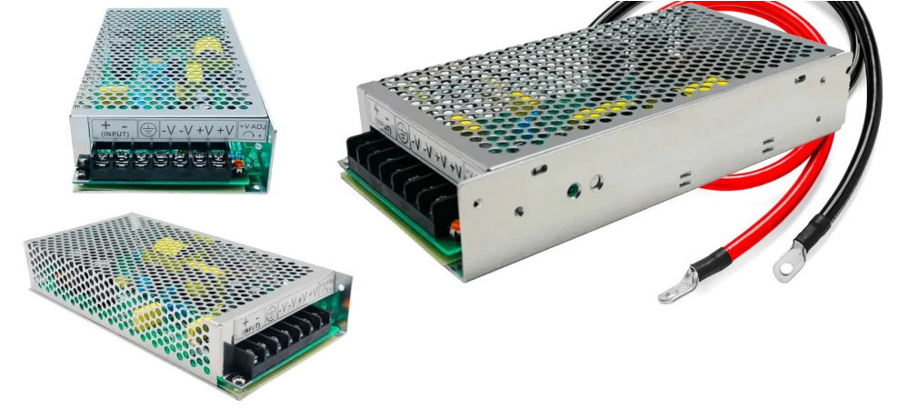 Przetwornica EXTRALINK DC/DC 24 V - 48 V 100 W przetwornica z kablami na białym tle z trzech perspektyw
