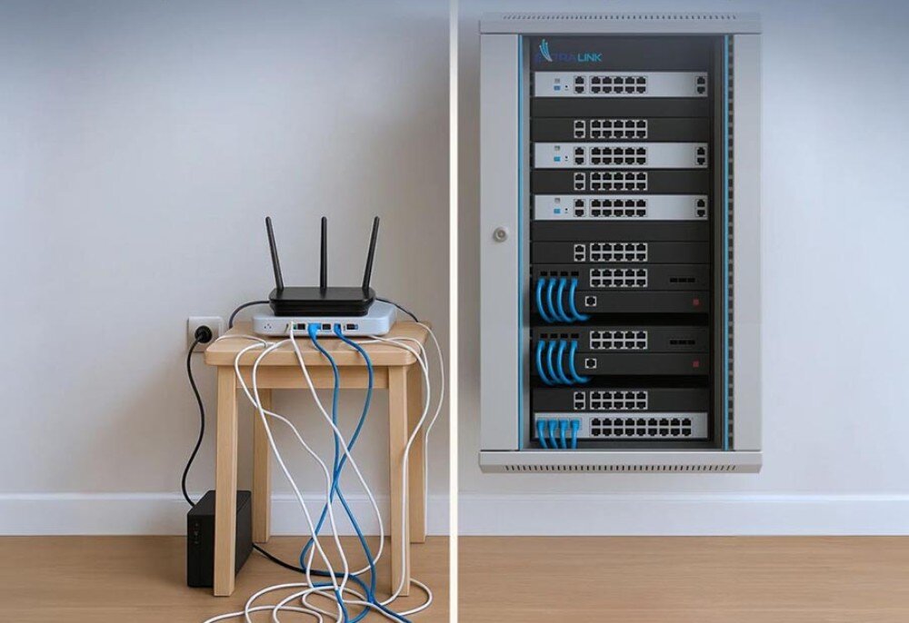 Szafa RACK EXTRALINK 19 18U EX.16897 Po lewej stronie widoczny mały stolik z routerem i plątaniną kabli, po prawej zamontowana na ścianie czarna szafa sieciowa z uporządkowanymi przewodami i urządzeniami sieciowymi, opis