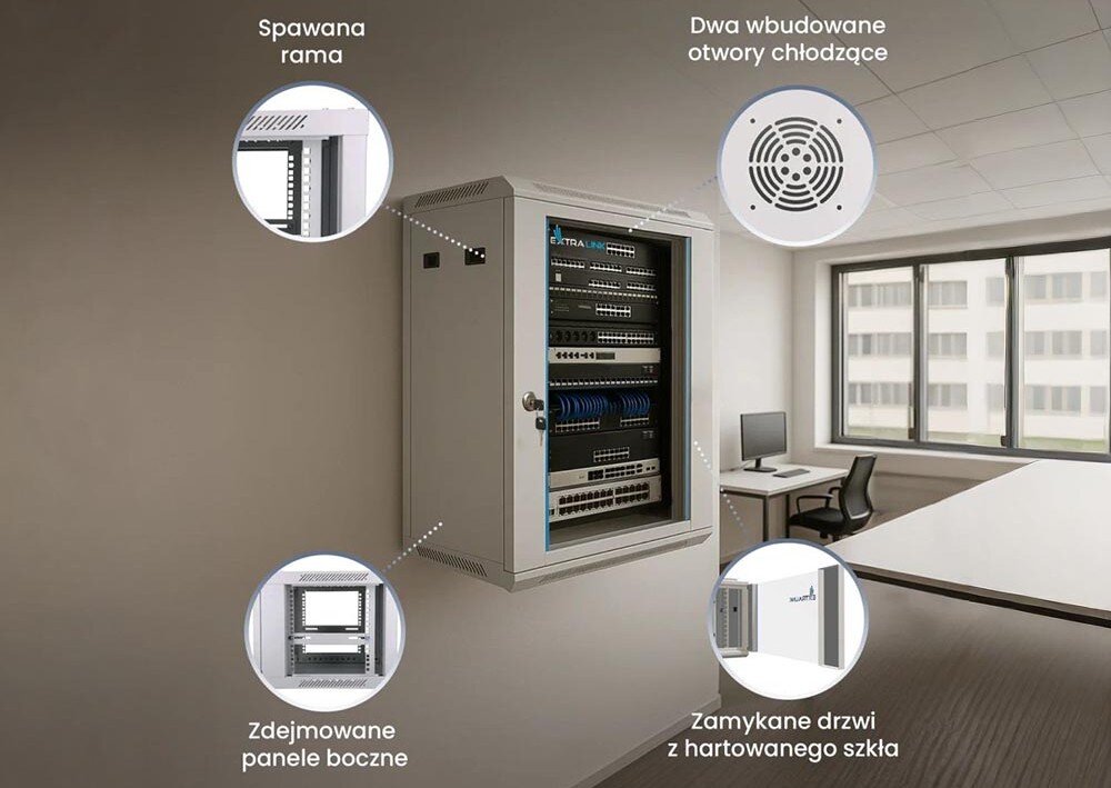 Szafa RACK EXTRALINK 19 18U EX.16897 Czarna szafa wisząca z urządzeniami sieciowymi, wokół zaznaczone elementy konstrukcji takie jak spawana rama, zdejmowane panele boczne, otwory chłodzące w górnej części i zamykane drzwi z hartowanego szkła, cechy, zastosowanie