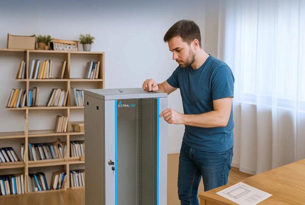 Szafa RACK EXTRALINK 19 18U EX.16897 Mężczyzna w niebieskiej koszulce montuje czarną szafę sieciową w jasnym pokoju z regałem pełnym książek w tle, na biurku leży instrukcja montażu, montaż, obsługa, zamki