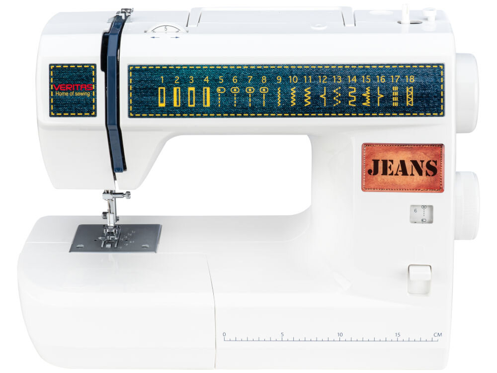 Maszyna do szycia VERITAS Jeans 18 wymiary szeroki zakres możliwości 18 różnorodnych ściegów podstawowe ściegi użytkowe specjalistyczne opcje owerlokowe kryte ściegi rozciągające się z tkaniną łączenie wykańczanie materiałów