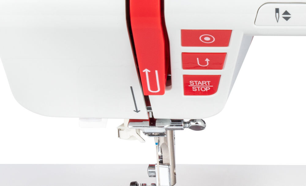 Maszyna do szycia VERITAS Carmen wykonanie 5 dziurek pod guzik praca bez ustawiania regulatora obrotów funkcja przycisku START/STOP regulacja prędkości szycia slider kontrola nad tempem pracy