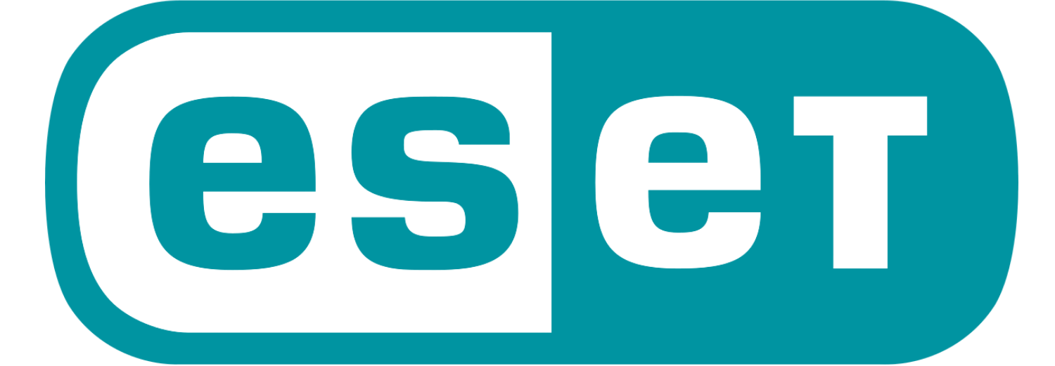Logo z napisem \'eset\' w białym kolorze na turkusowym tle.