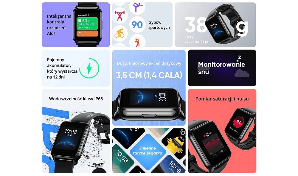 Smartwatch REALME Watch 2 ekran bateria sport czujniki tlen krew puls zdrowie pasek smartfon 