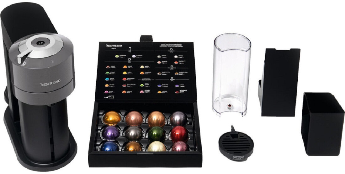 Ekspres DELONGHI NESPRESSO Vertuo Next ENV 120.GY Szary wyposazenie zestaw akcesoria komplet zbiornik taca kapsulki gwarancja instrukcja obslugi