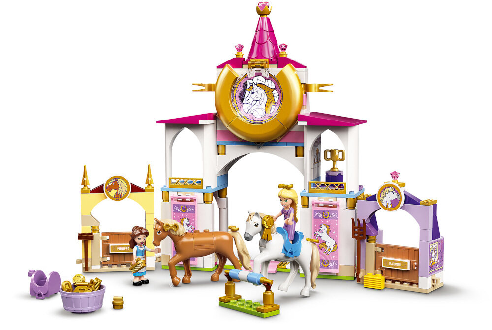 LEGO Disney Królewskie stajnie Belli i Roszpunki 43195 duża stajnia główna z miejscem na puchar i akcesoria przytulne poddasze dwa mniejsze boksy na konie klocki LEGO