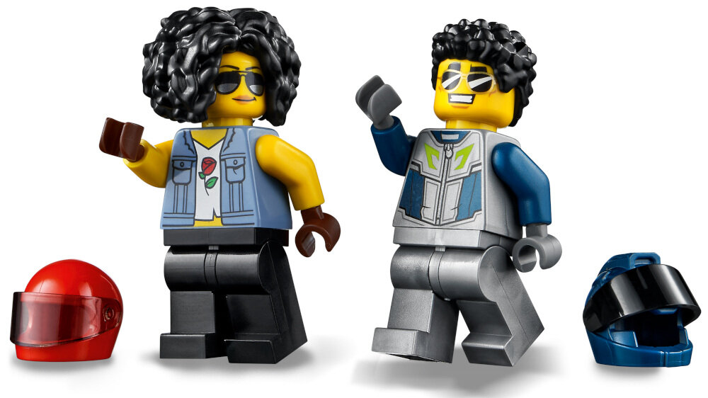 Klocki LEGO Konkurs kaskaderski 60299 tworzyć budować wymyślać ciekawe historie postać Duke Detaina z serialu LEGO motor z kołem zamachowym