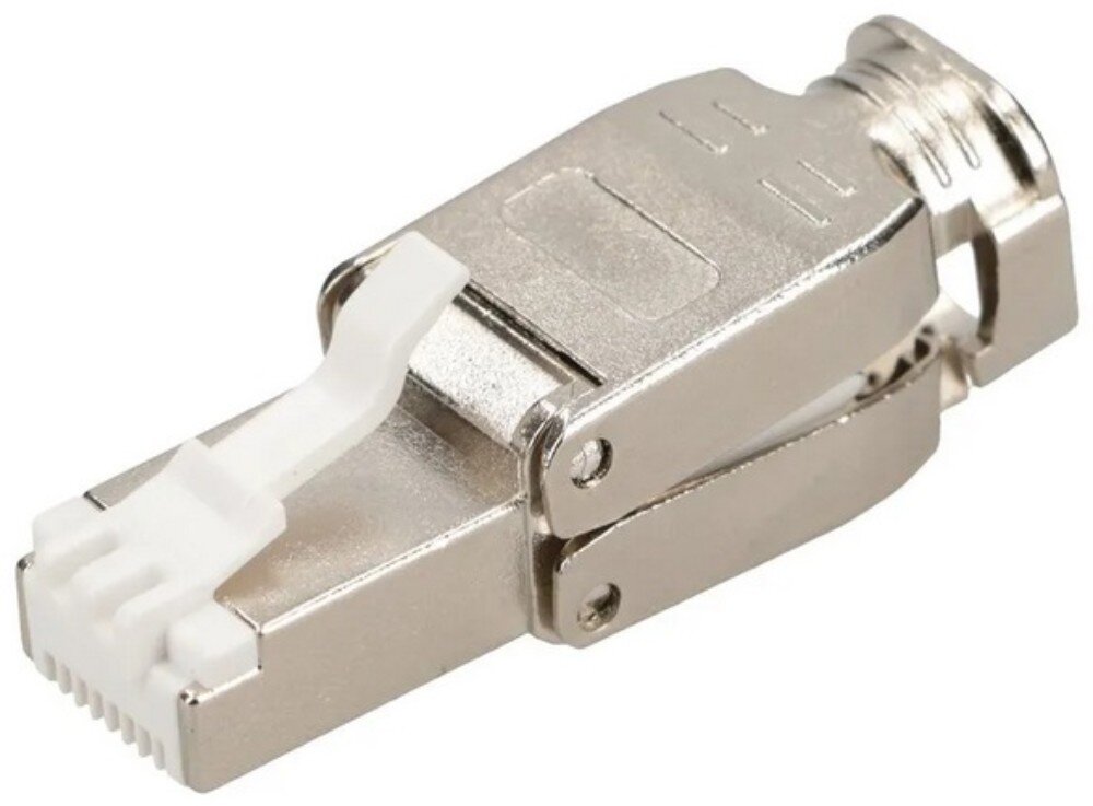 Wtyk EXTRALINK EX.17184 Metalowy wtyk sieciowy RJ45 z białą plastikową blokadą pokazany w pozycji zamkniętej