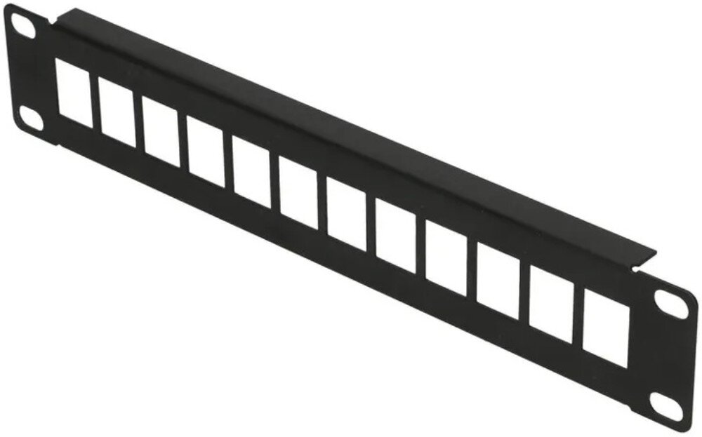 Patch panel EXTRALINK EX.17528 Czarna metalowa listwa z 12 prostokątnymi otworami na moduły pokazana pod kątem z otworami montażowymi na bokach