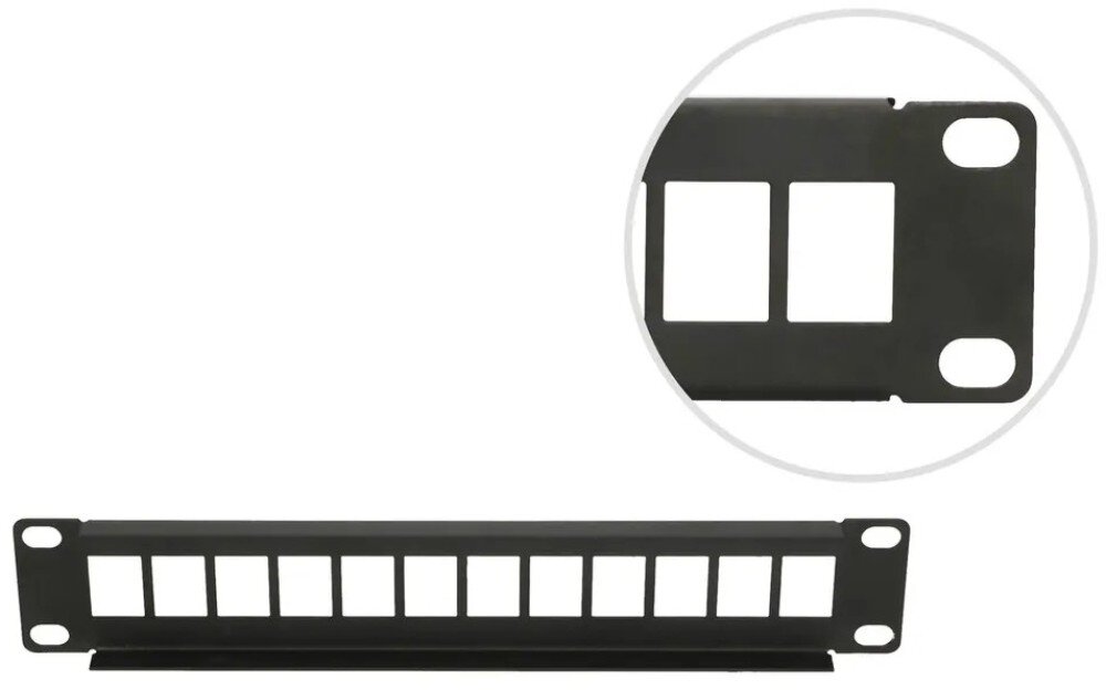 Patch panel EXTRALINK EX.17528 Widok od frontu na czarną listwę z 12 otworami oraz okrągłe powiększenie prezentujące detale uchwytu bocznego i dwóch skrajnych wycięć