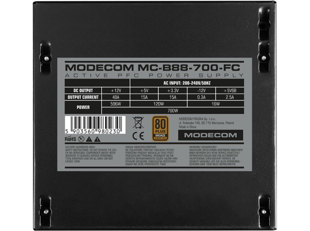 Zasilacz MODECOM MC-B88-700FC 700W 80 Plus Bronze dół zasilacza z plakietką informacyjną certyfikat sprawność
