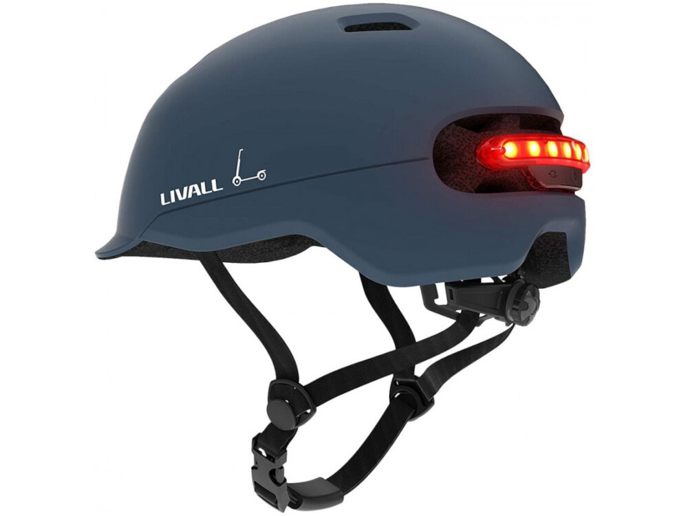 Kask LIVALL C20 Niebieski (rozmiar M) kask na białym tle widoczny od tyłu pod skosem zintegrowane oświetlenie LED trzy tryby pracy tryb adaptacyjny jedna centralna dioda 7 diod tryb sekwencyjny z szybkim, podwójnym błyskiem tryb progresywny, z rozświetlaniem od środka na zewnątrz zmniejsza ryzyko kolizji