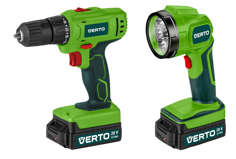 Wiertarko-wkrętarka VERTO 50G293 + Latarka lekki funkcjonalny sprzęt solidny niezawodny fantastyczne parametry techniczne kompaktowe wymiary waga 1,5 kg latarka