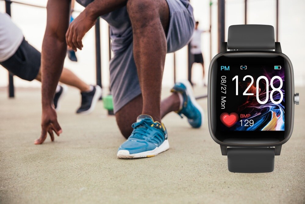 Smartwatch BEMI Ter 2 ekran bateria czujniki zdrowie sport pasek ładowanie pojemność rozdzielczość łączność sterowanie krew puls rozmowy smartfon aplikacja Czarny alarm odnalezienie zagubienie