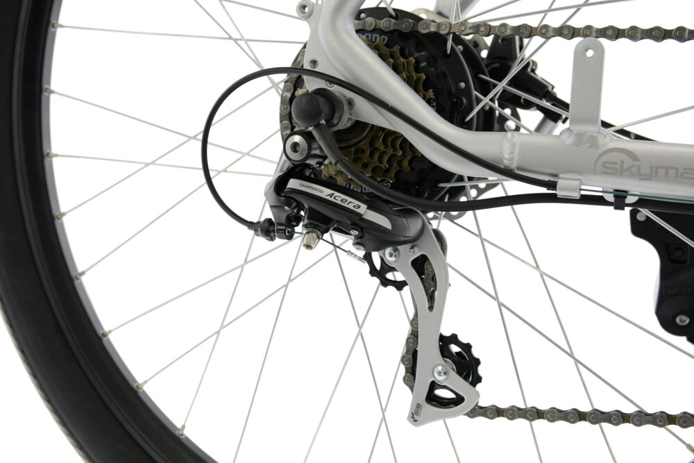 Rower elektryczny SKYMASTER Energy V2 Pro M20 28 cali damski Jasnografitowy przerzutki tylne SHIMANO Acera 7 biegów bezawaryjna manetka SHIMANO wyższa szkoła jazdy dla mocnych zawodników