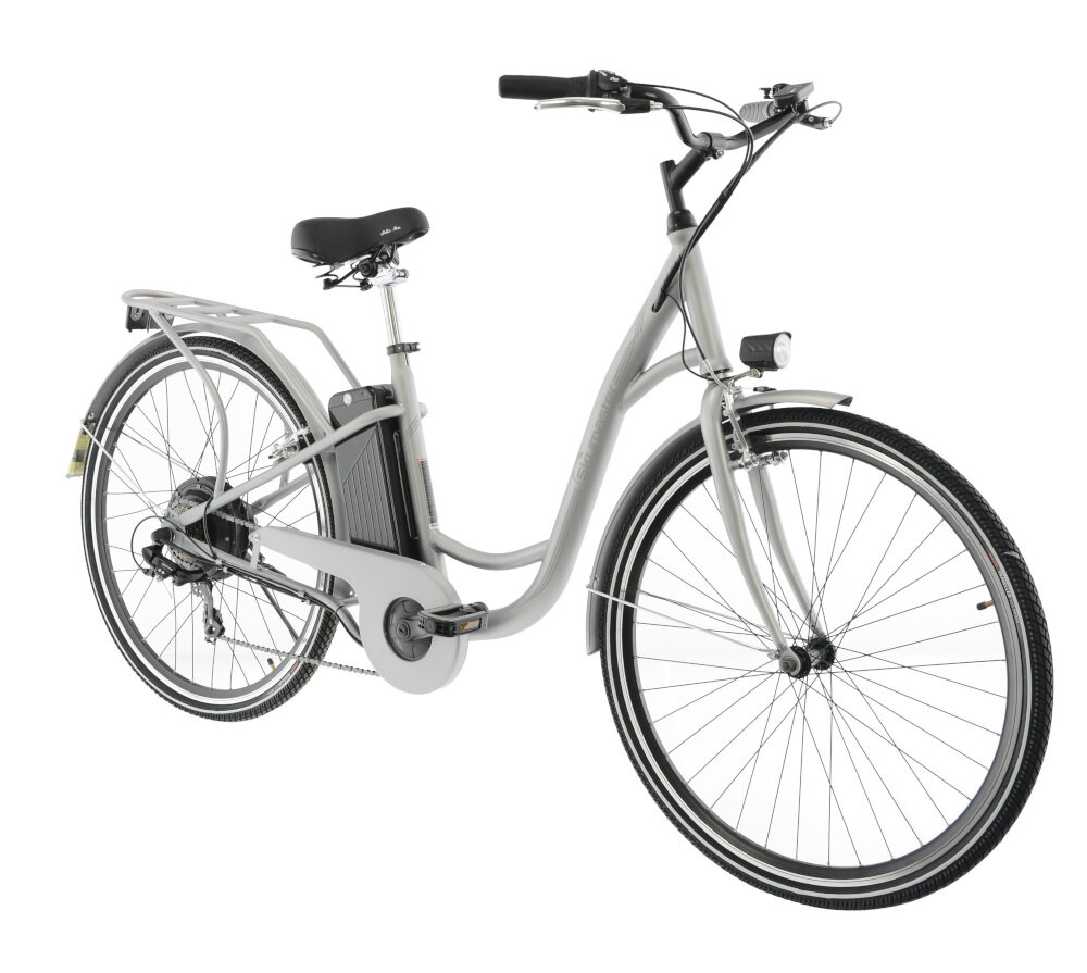 Rower elektryczny SKYMASTER Energy Eco D18 28 cali damski Jasnografitowy rowere elektryczny długie wycieczki rowerowe damski w jasnogrfitowym kolorze liczne elementy poprawiające komfort użytkowania osłona na łańcuch oświetlenie stopka podzespoły SHIMANO
