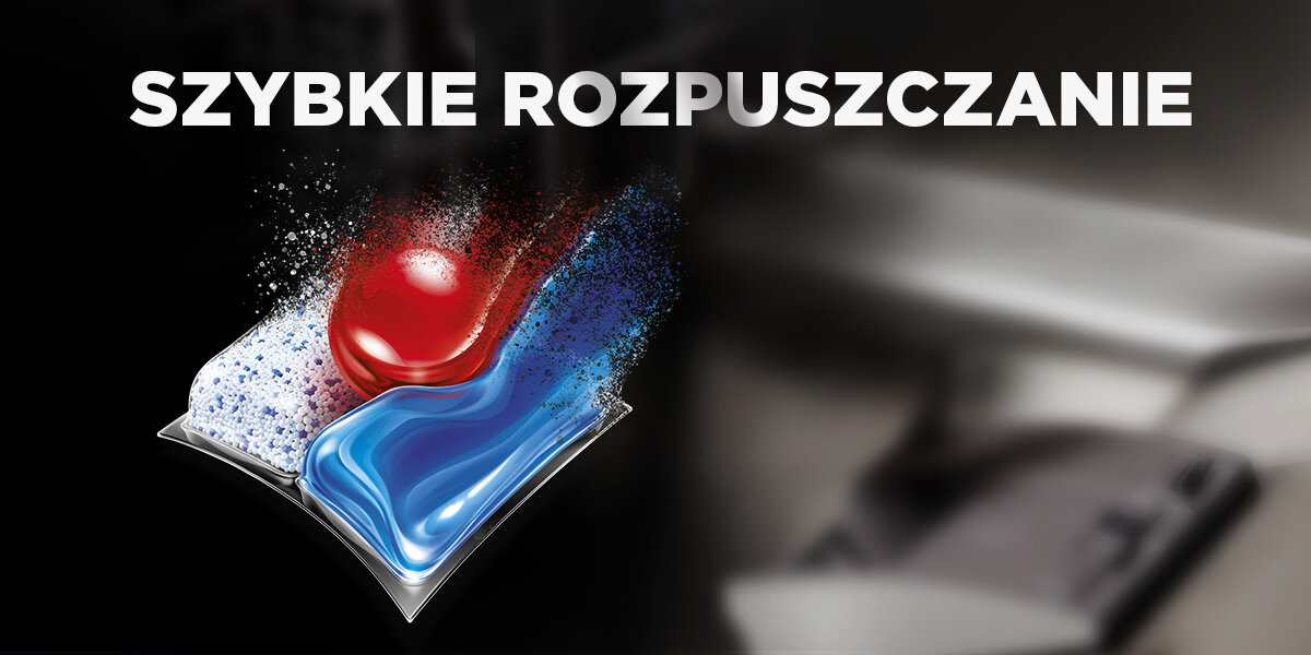 Kapsułki do zmywarek FINISH Powerball Ulimate All in 1 kapsułka w trakcie rozpuszczania podpisana szybkie rozpuszczanie