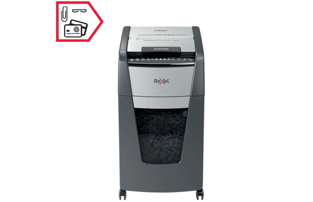 Niszczarka REXEL Optimum AutoFeed+ 300X 2020300XEU 60 L, P-4, Konfetti, Automatyczny Start/Stop, Funkcja cofania prezentacja niszczarki od przodu na białym tle w rogu ikonka spinacza zszywacza i kart kredytowych karty kredytowe zszywki spinacze szybkość nie wymaga usuwania metalowych elementów
