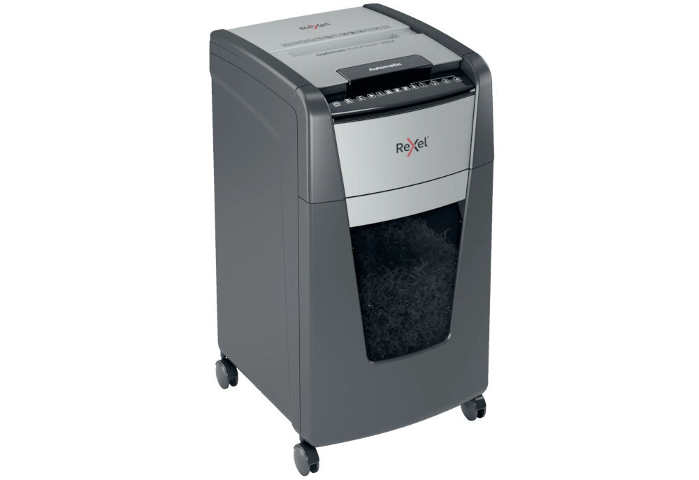 Niszczarka REXEL Optimum AutoFeed+ 300X 2020300XEU 60 L, P-4, Konfetti, Automatyczny Start/Stop, Funkcja cofania prezentacja niszczarki od przodu pod kątem na białym tle poziom hałasu cichy sprzęt biurowy nie zakłóca spokoju