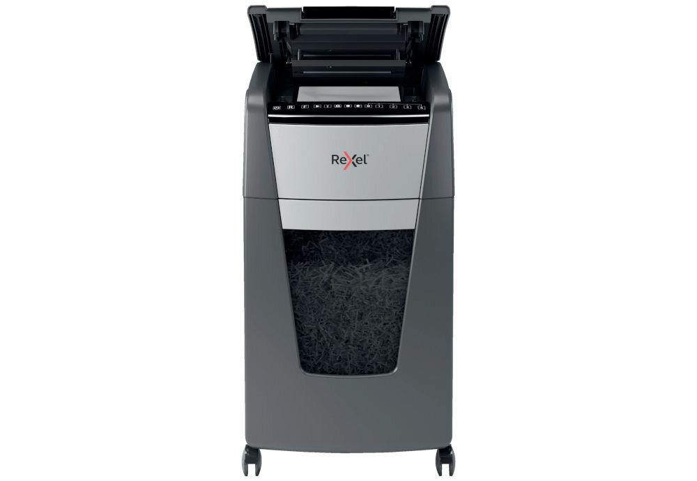 Niszczarka REXEL Optimum AutoFeed+ 300X 2020300XEU 60 L, P-4, Konfetti, Automatyczny Start/Stop, Funkcja cofania prezentacja niszczarki od przodu na białym tle czujnik na podczerwień wykrywanie poziomu ścinków bez ryzyka przepełnienia