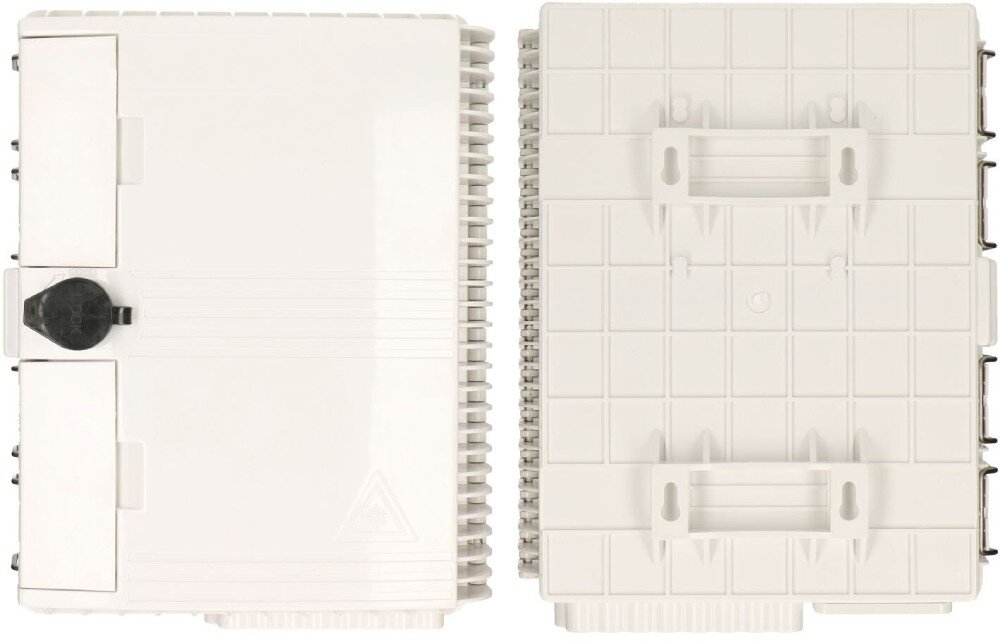 Puszka połączeniowa EXTRALINK EX.12622 Widok z przodu i z tyłu białej, prostokątnej puszki z tworzywa sztucznego z czarnym elementem blokującym na boku oraz dwoma uchwytami montażowymi na tylnej ściance