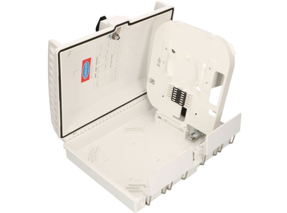 Puszka połączeniowa EXTRALINK EX.12622 Otwarta puszka z uniesioną wewnętrzną białą tacką na spawy oraz widoczną czerwoną naklejką ostrzegawczą 'DANGER' i tabelą 'FIBER CABLE LOGSHEET' na wewnętrznej stronie pokrywy