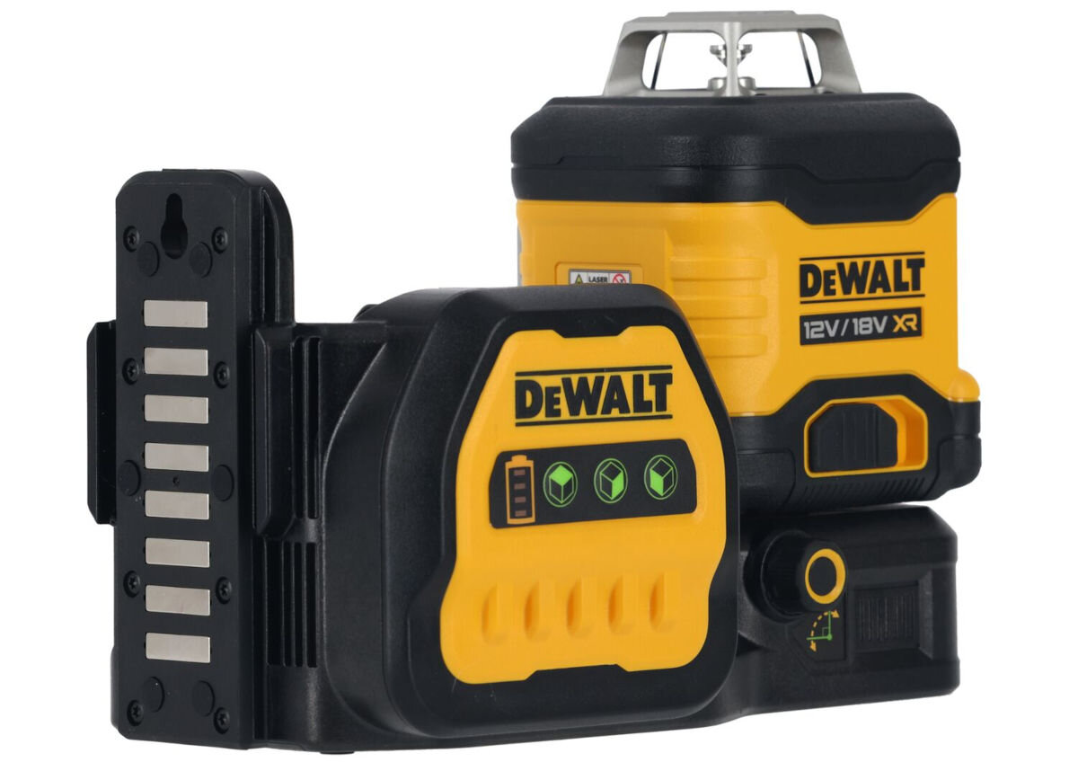Laser krzyżowy DEWALT DCE089NG18, pokrętło, ustawiania, pion, drobne, przesunięcia, a białym tle laser frontem lewo skos