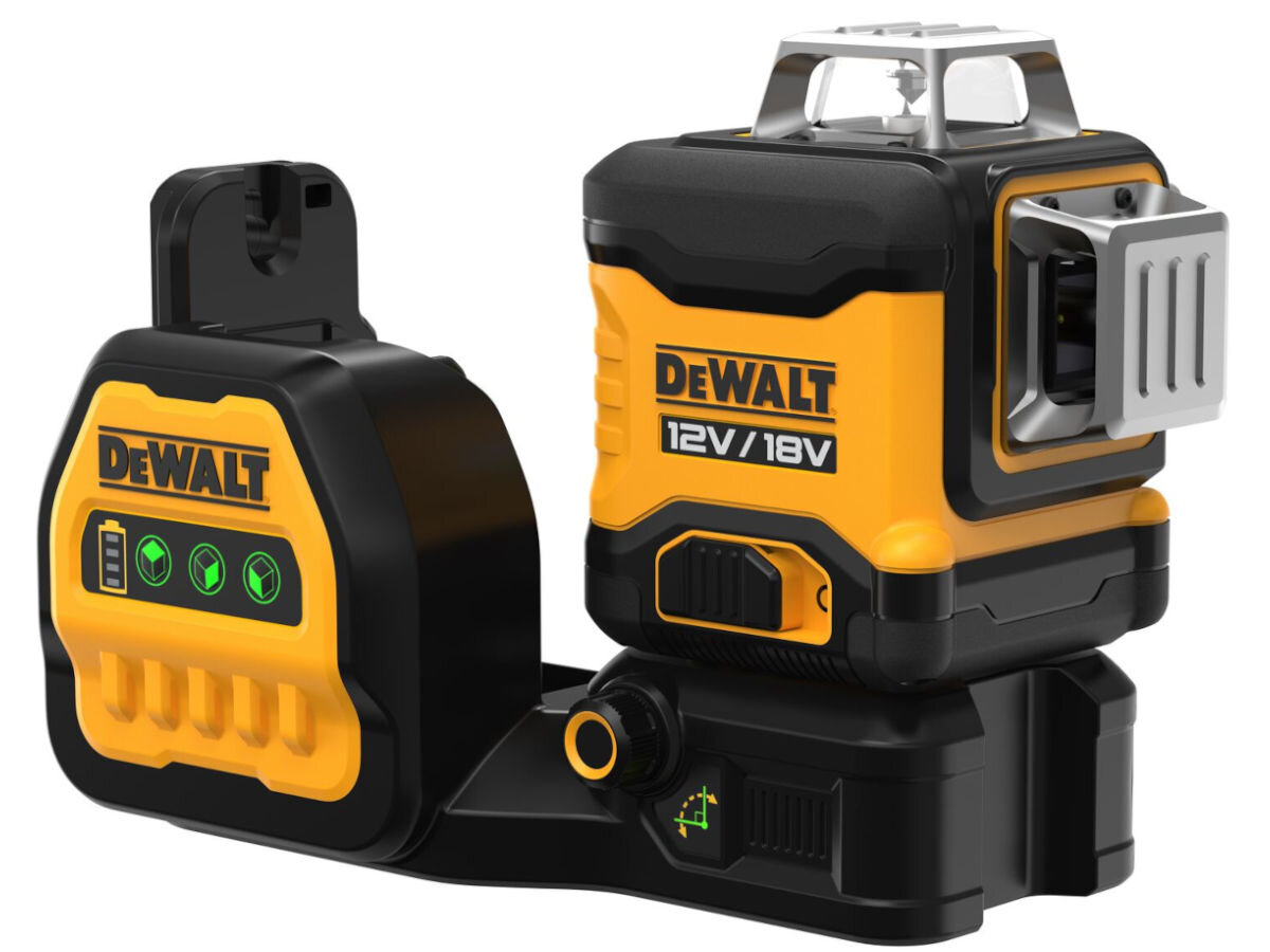 Laser krzyżowy DEWALT DCE089NG18, samoczynnie, bezczynny, oszczędza, energia, na białym tle laser frontem prawo skos
