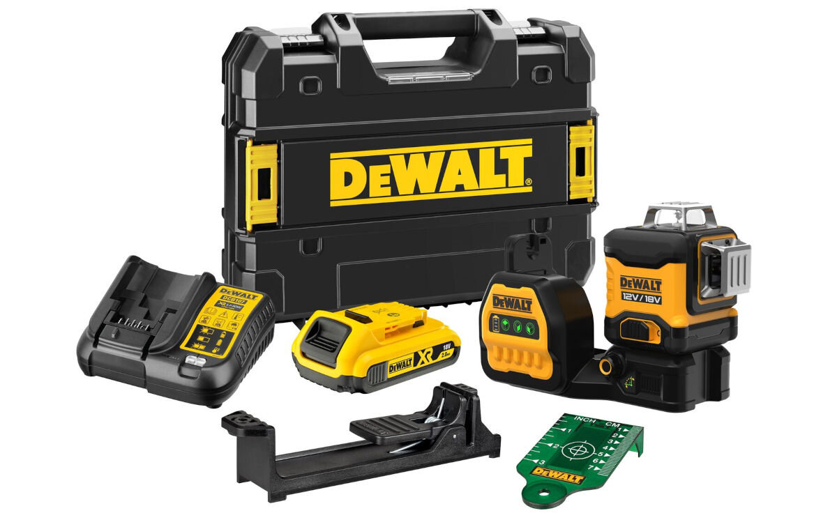 Laser DEWALT DCE089D1G18, płyty, montaż, emisja, trasowanie, na białym tle pełen zestaw lasera z rozpakowanymi akcesoriami