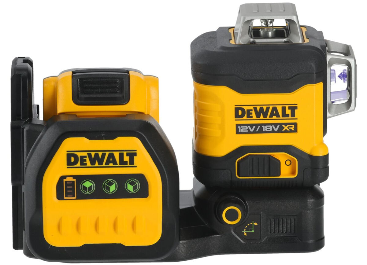 Laser DEWALT DCE089D1G18, IP54, pył, woda, wahadło, na białym tle laser frontem na wprost