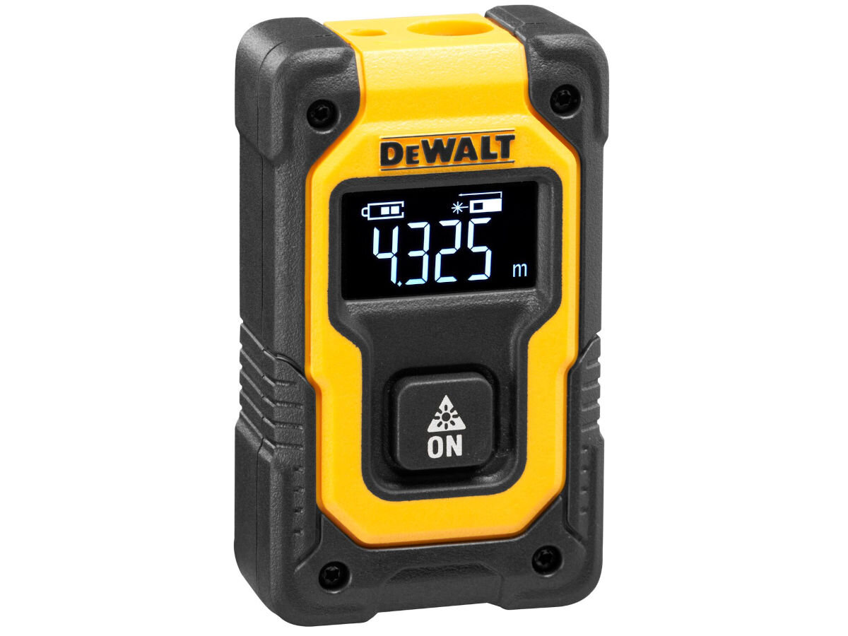 Dalmierz laserowy DEWALT DW055PL 16m, pomiary, wnętrza, pomieszczenia, dokładność, na białym tle dalmierz frontem lewo skos