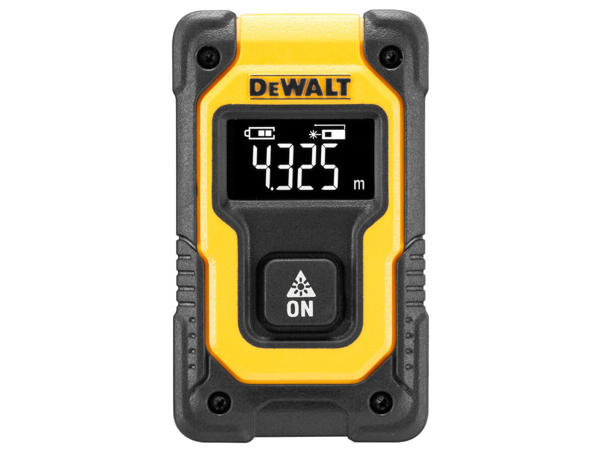 Dalmierz laserowy DEWALT DW055PL 16m, pas, obciążenie, waga, lekkie, na białym tle dalmierz frontem na wprost