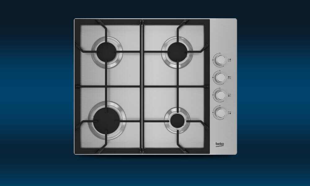 PŁYTA BEKO b100 HIBG64122SX Na grafice przedstawiono srebrną płytę gazową Beko z czterema palnikami rozmieszczonymi symetrycznie oraz czterema pokrętłami sterującymi umieszczonymi pionowo po prawej stronie. Urządzenie pokazano na granatowym tle z delikatnym przejściem tonalnym, co eksponuje prostą i funkcjonalną konstrukcję płyty płyta gazowa 60 cm szkło design łatwe czyszczenie 4 palniki