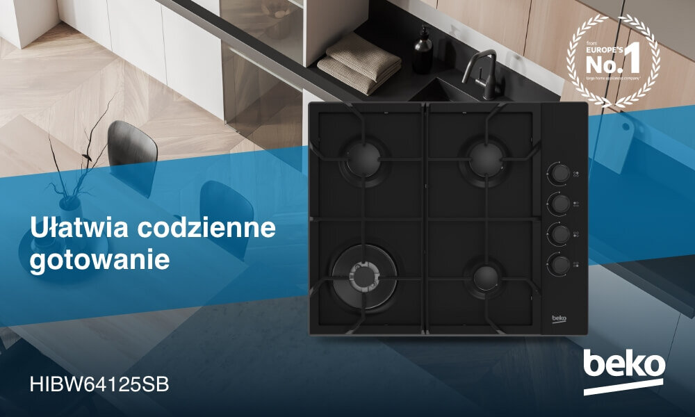 PŁYTA BEKO b100 HIBW64125SB Na grafice widoczna jest czarna płyta gazowa Beko z czterema palnikami i czterema pokrętłami umieszczonymi pionowo po prawej stronie, zaprezentowana na tle jasnej kuchni z blatem i zlewem. Na niebieskim pasie po lewej stronie umieszczono hasło „Ułatwia codzienne gotowanie”, oznaczenie modelu b100 HIBW64125SB oraz logo Beko, a w prawym górnym rogu znajduje się znak „Europe’s No.1”.