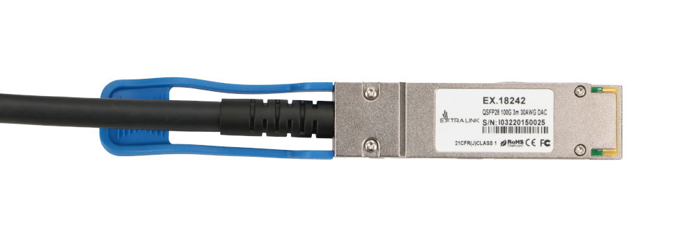 Kabel EXTRALINK SFP28 światłowodowa Extralink odporność na zakłócenia elektromagnetyczne kabli miedzianych Extralink AOC SFP28/ SFP28 - wtyczka na jasnym tle