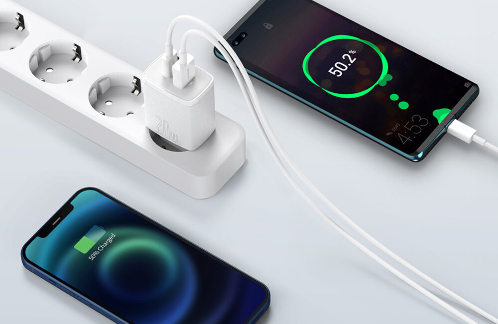 ŁADOWARKA SIECIOWA BASEUS COMPACT USB-A + USB-C 20W BIAŁA dwa porty