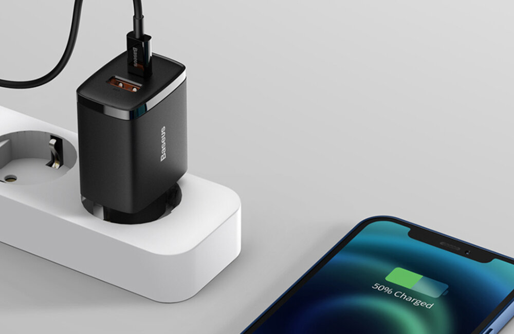 ŁADOWARKA SIECIOWA BASEUS COMPACT USB-A + USB-C 20W BIAŁA moc