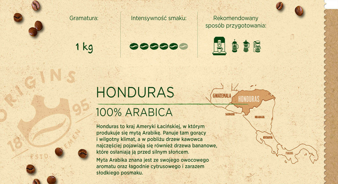 Kawa ziarnista JACOBS Honduras Arabica 1 kg smak aromat kawa pochodzenie