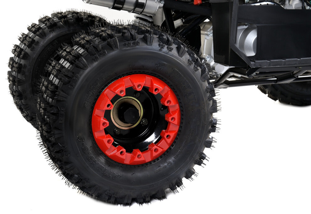 Quad FRUGAL Randan Cross 135 V2 Czarno-czerwony doskonała trakcja duże koła opony terenowe bieżnik