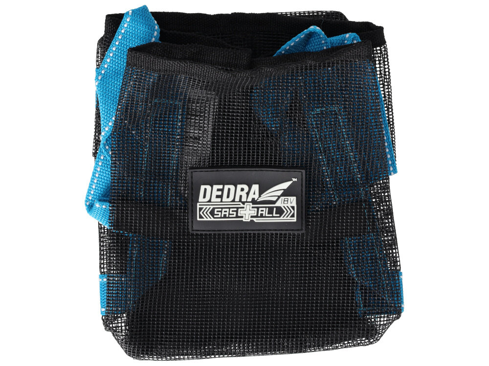Torba narzędziowa DEDRA SAS+ALL DED7002A torba na białym tle ze schowanymi uchwytami widok od przodu przytrzymujące gumy stabilizują akumulatory i ładowarkę elementy nie przemieszczają się bezpieczeństwo sprzętu