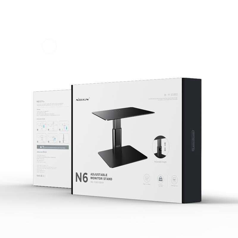 Opakowanie produktu z napisem \'Nillkin N6 Adjustable Monitor Stand\' oraz grafiką przedstawiającą czarną podstawkę na monitor. Na opakowaniu znajdują się również ikony symbolizujące funkcje produktu.
