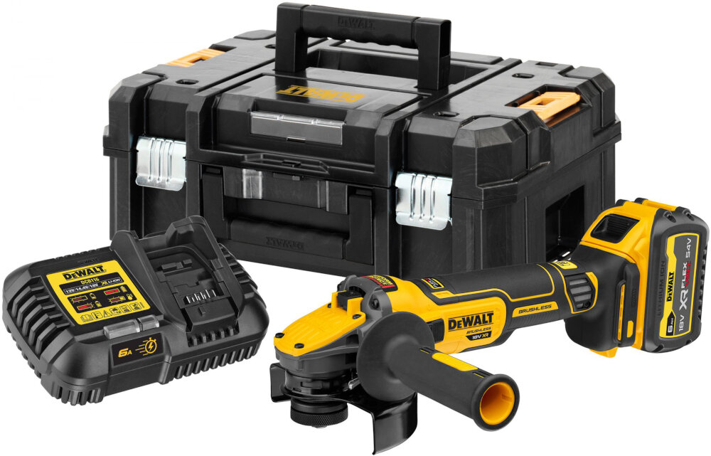 Szlifierka kątowa DEWALT DCG409T1 zestaw akumulator ładowarka rękojeśc boczna osłona klucz sześciokątny kołnierz kufer transportowy instrukcja obsługi w języku polskim karta gwarancyjna