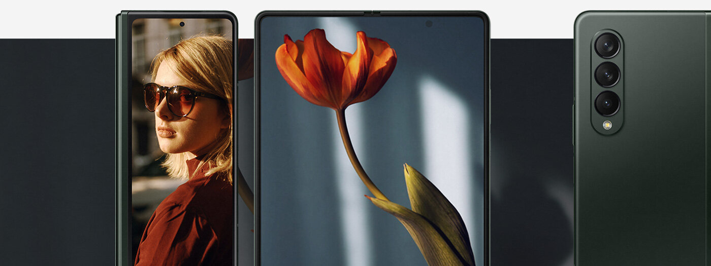 Składany Samsung Z Fold3 5G wyposażono w potrójny aparat tylny: obiektyw główny, obiektyw ultraszerokokątny oraz teleobiektyw. Zamów w Media Expert już dziś.
