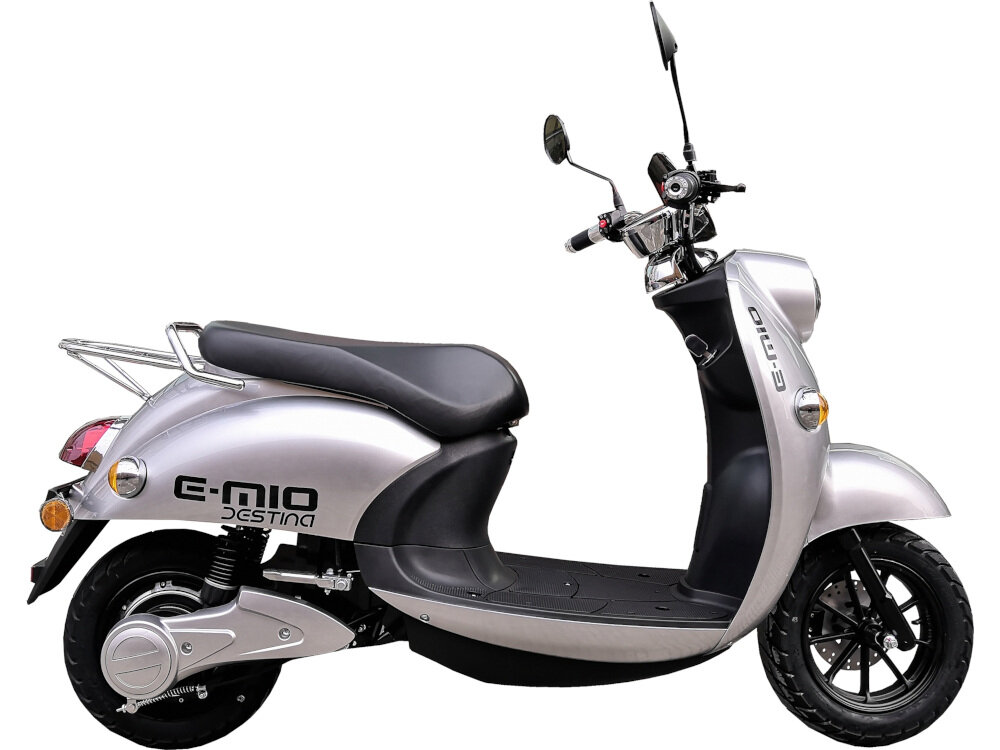 Skuter elektryczny E-MIO Destina Srebrny niezwykły retro design centralnie osadzonym lampom przedniej i tylnej sportowa sylwetka i charakter okrągłe lusterka